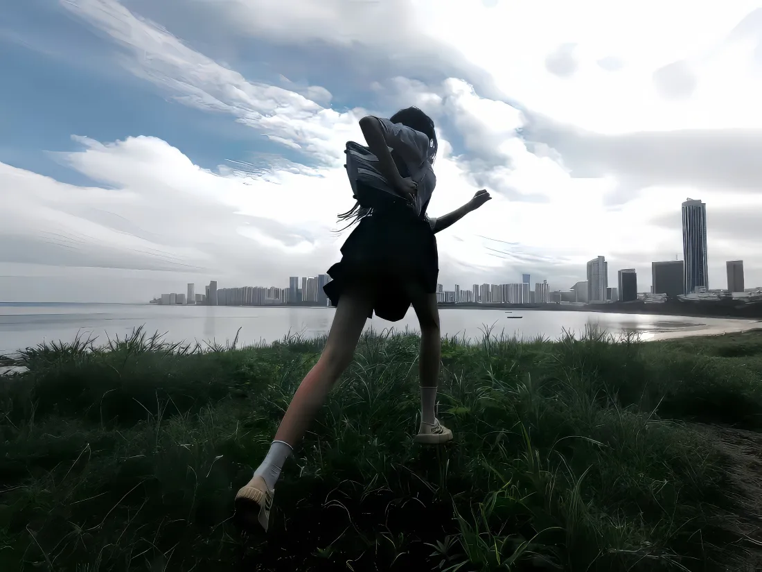 4k奔跑的少女壁纸｜城市大海背景图片 - 自由「哲风壁纸」