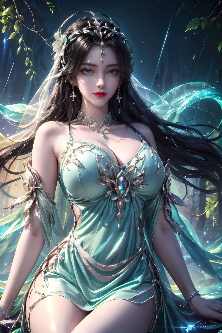 柳神手机壁纸｜绿色服饰背景图片 - 蓝色光效「哲风壁纸」