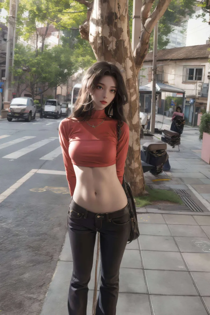 红衣女性手机壁纸｜街道背景图片 - 城市街拍「哲风壁纸」