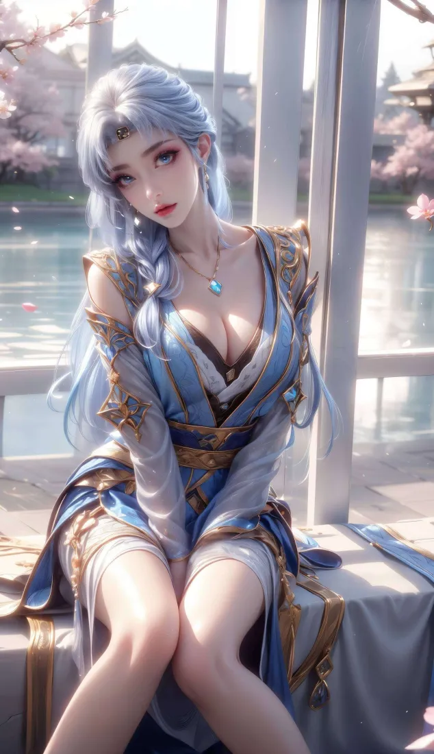 宁雨蝶手机壁纸｜樱花背景图片 - 蓝色长发「哲风壁纸」