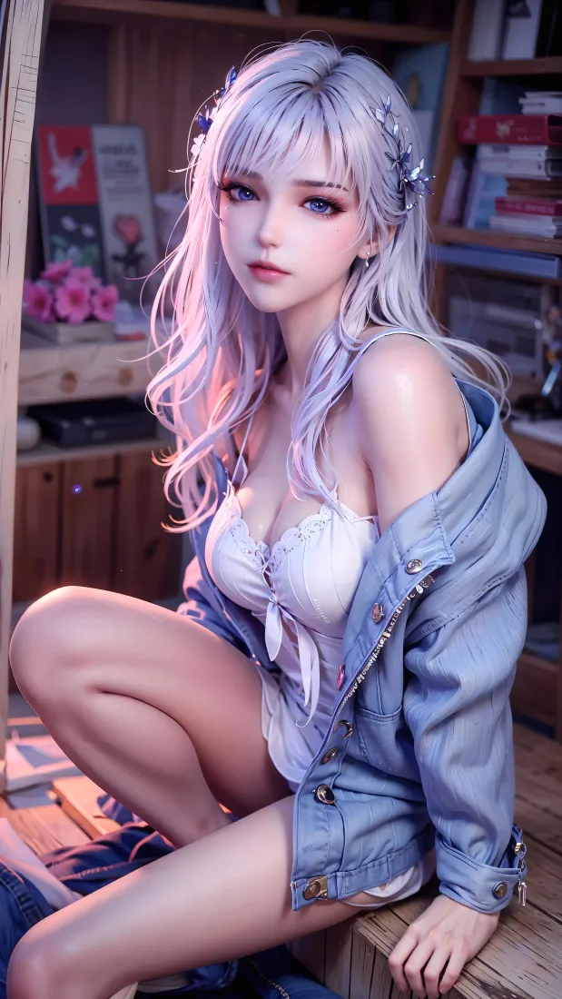 银发少女手机壁纸｜书架背景图片 - 粉色花朵「哲风壁纸」