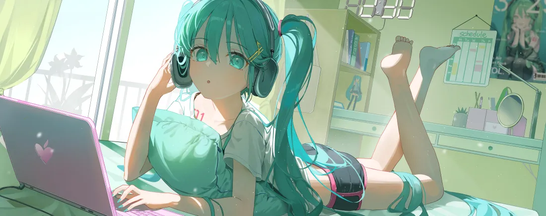11k蓝绿发双马尾壁纸｜绿衣少女背景 - 房间「哲风壁纸」