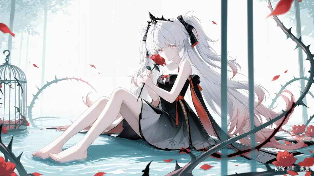 4k白发少女壁纸｜红裙背景图片 - 鸟笼「哲风壁纸」