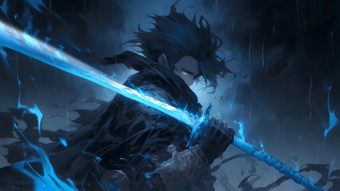 5k蓝色剑气武士壁纸｜雨天背景图片 - 长剑「哲风壁纸」