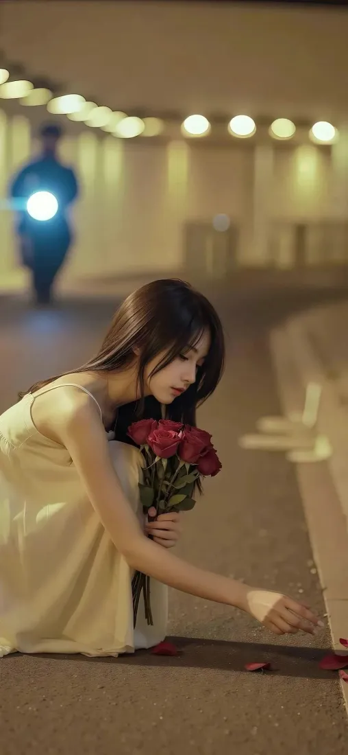 连衣裙美女手机壁纸｜红玫瑰背景图片 - 夜晚街道「哲风壁纸」