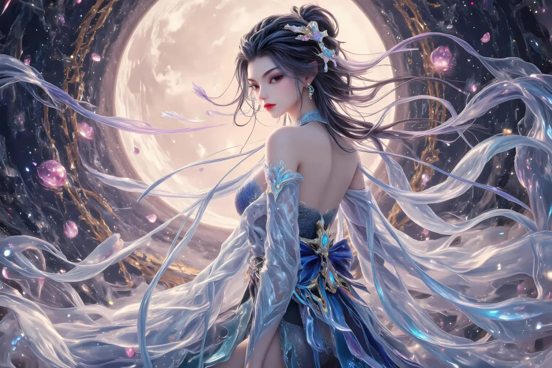12k古风女子壁纸｜满月背景图片 - 仙侠风「哲风壁纸」