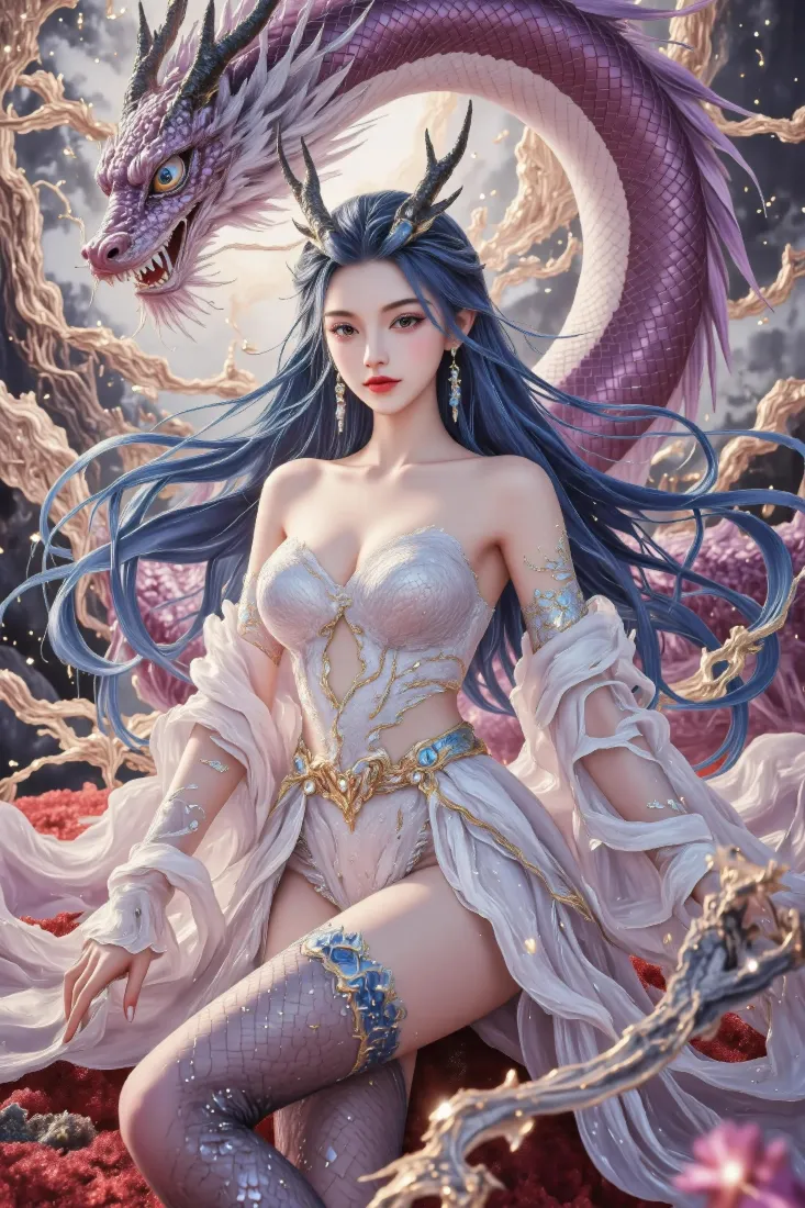蓝发女子手机壁纸｜紫龙背景图片 - 古风「哲风壁纸」