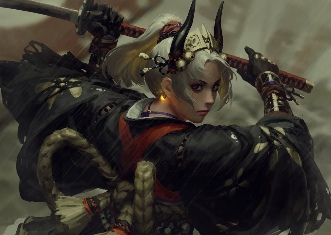 7k女武士壁纸｜黑红铠甲背景图片 - 牛角头饰「哲风壁纸」