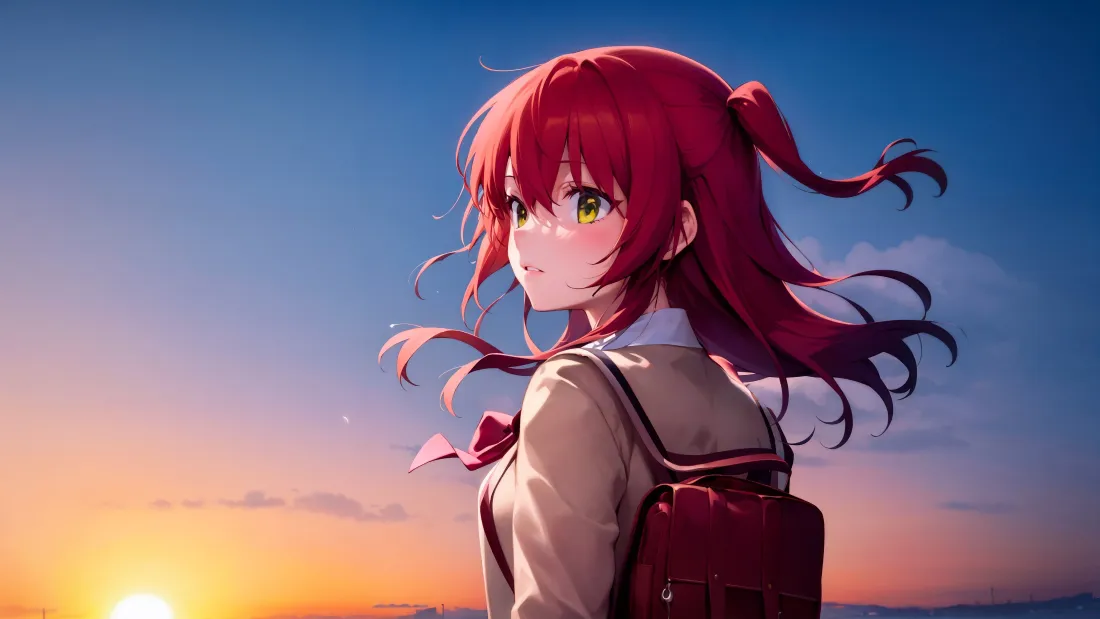 4k红发夕阳壁纸｜天空背景 - 女孩「哲风壁纸」