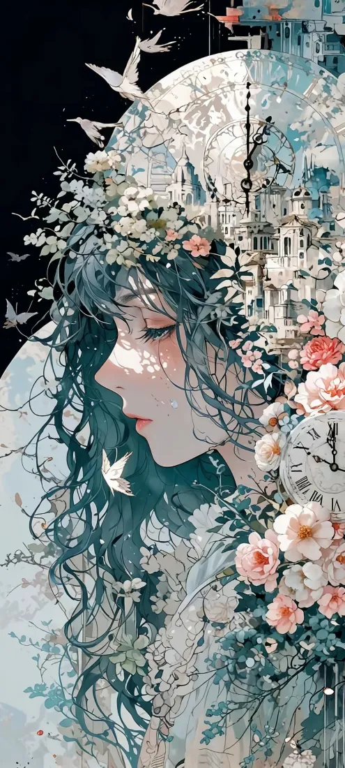 动漫女性手机壁纸｜花卉月亮背景 - 长发「哲风壁纸」
