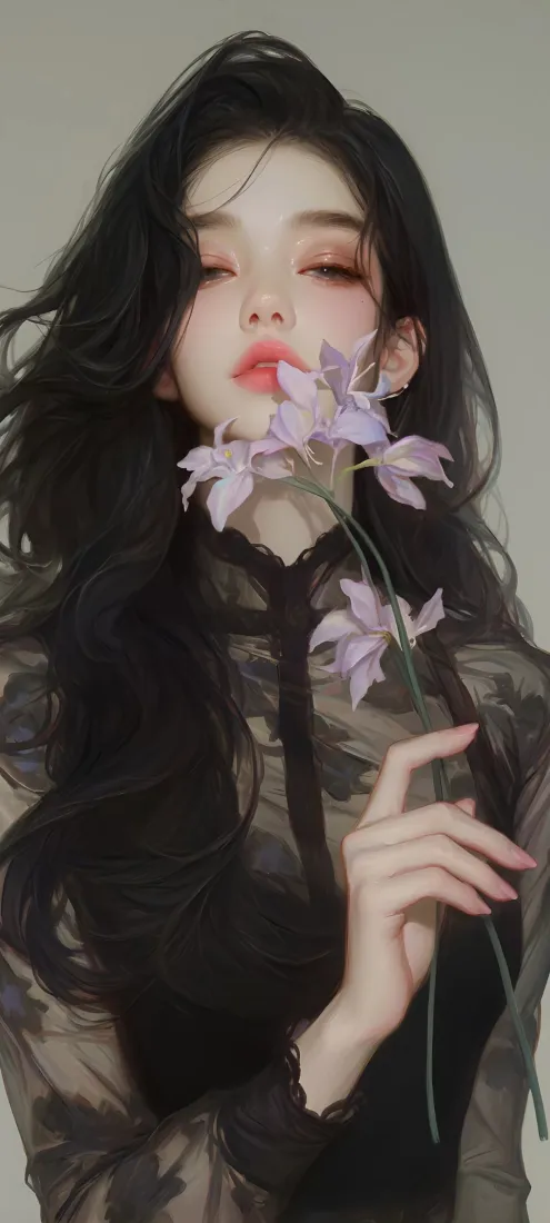 黑发女性手机壁纸｜紫花背景图片 - 艺术「哲风壁纸」
