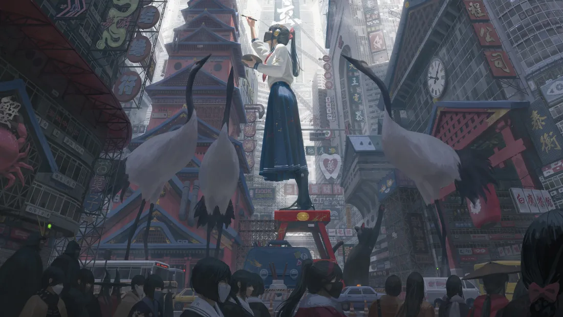 5k奇幻少女壁纸｜未来都市背景图片 - 白色飞鸟「哲风壁纸」