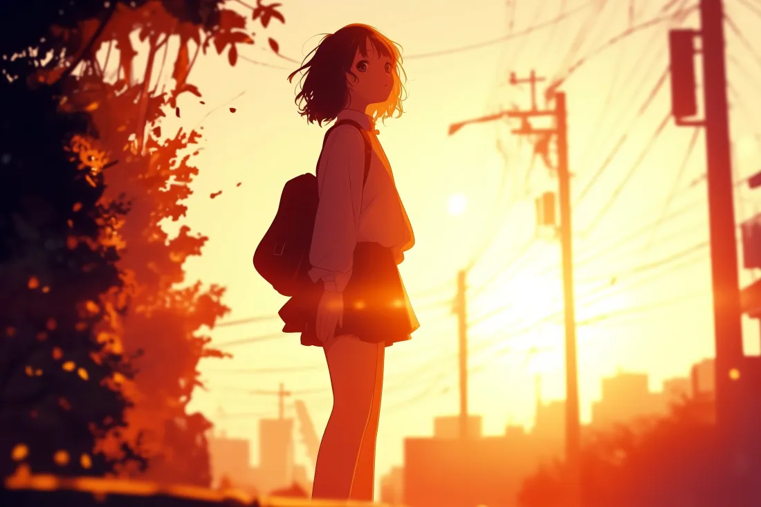 5k逆光女孩壁纸｜夕阳街道背景图片 - 暖色调「哲风壁纸」