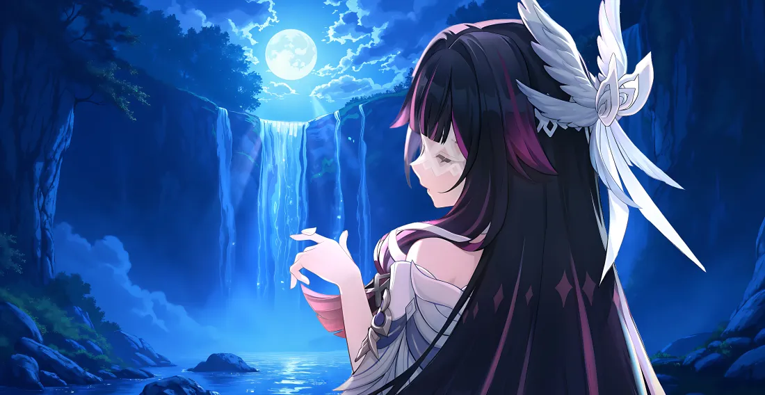 6k黑发少女壁纸｜瀑布夜景背景图片 - 二次元「哲风壁纸」