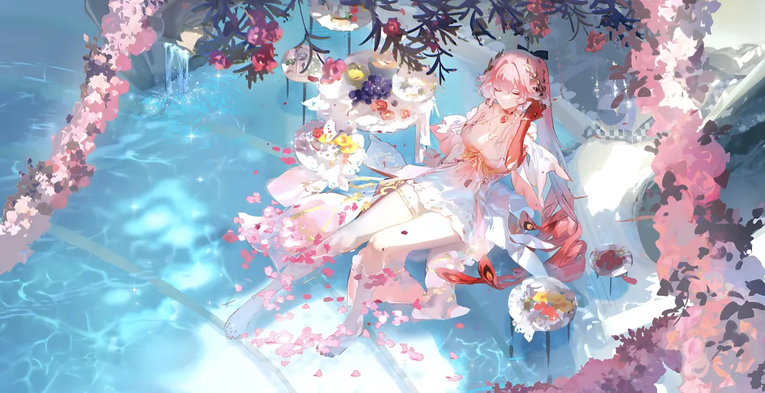6k粉发少女壁纸｜樱花水面背景图片 - 粉色系「哲风壁纸」