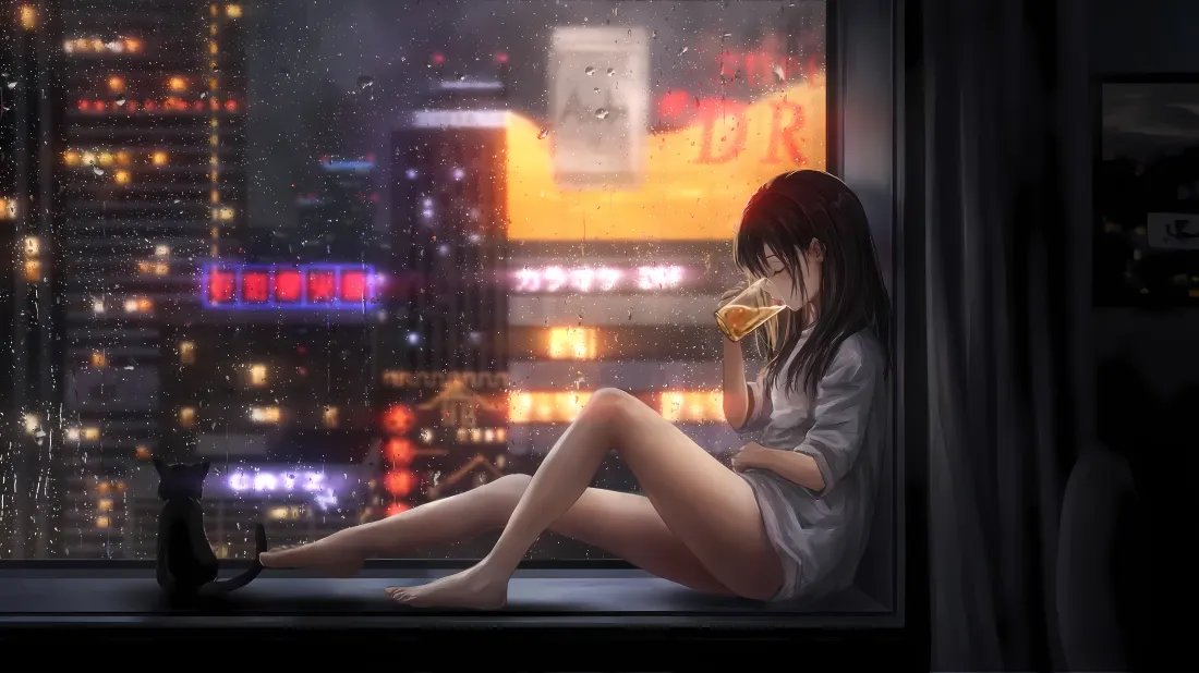4k窗台少女壁纸｜城市雨夜背景图片 - 霓虹灯「哲风壁纸」