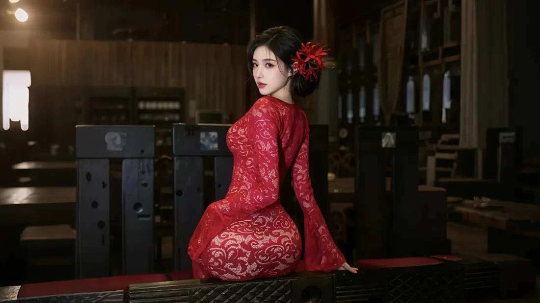 4k古典美人壁纸｜古风背景图片 - 红色发饰「哲风壁纸」