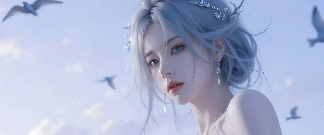 7k蓝发少女壁纸｜飞鸟天空背景 - 清新「哲风壁纸」