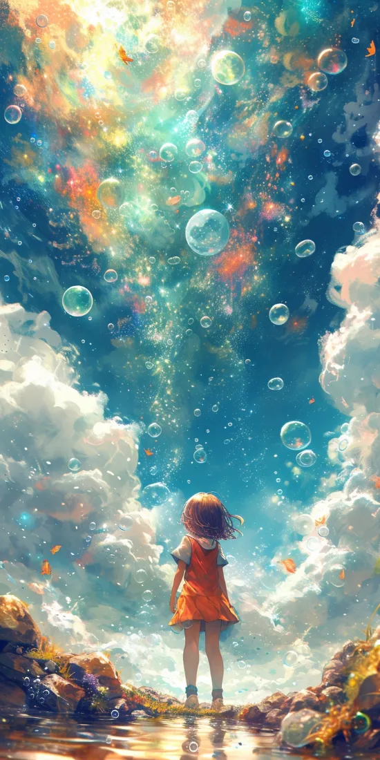 小女孩手机壁纸｜星空背景图片 - 泡泡「哲风壁纸」
