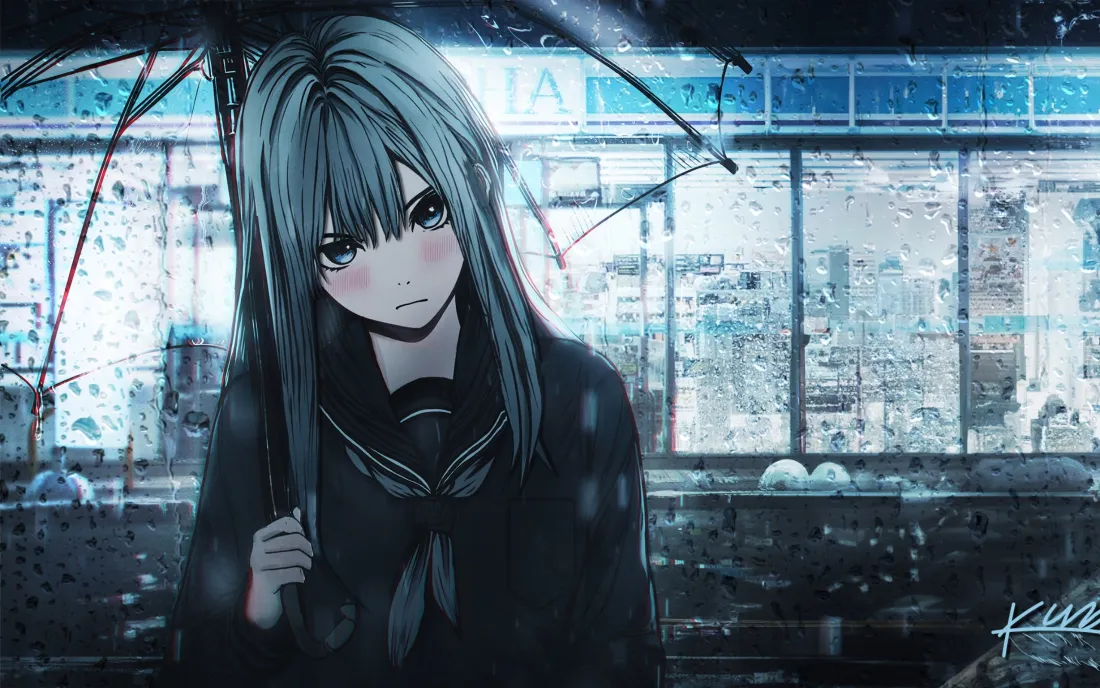 3k撑伞少女壁纸｜雨夜背景图片 - 蓝色「哲风壁纸」