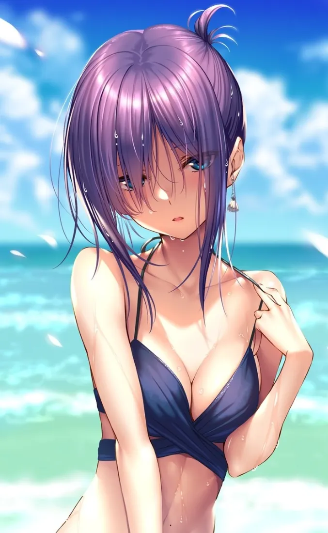 紫发少女手机壁纸｜海滩背景图片 - 夏日「哲风壁纸」