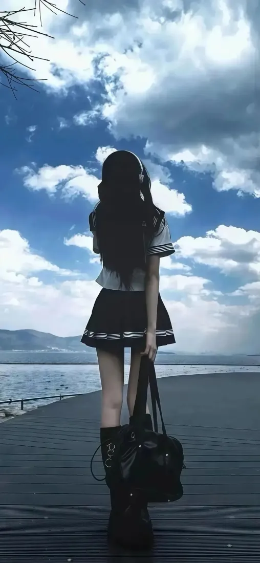 背影女孩手机壁纸｜湖边木板路背景图片 - 蓝天白云「哲风壁纸」