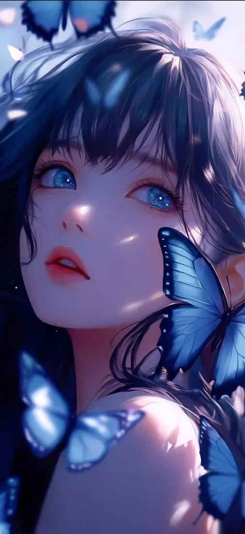 蓝眼少女手机壁纸｜蓝色蝴蝶背景图片 - 梦幻「哲风壁纸」