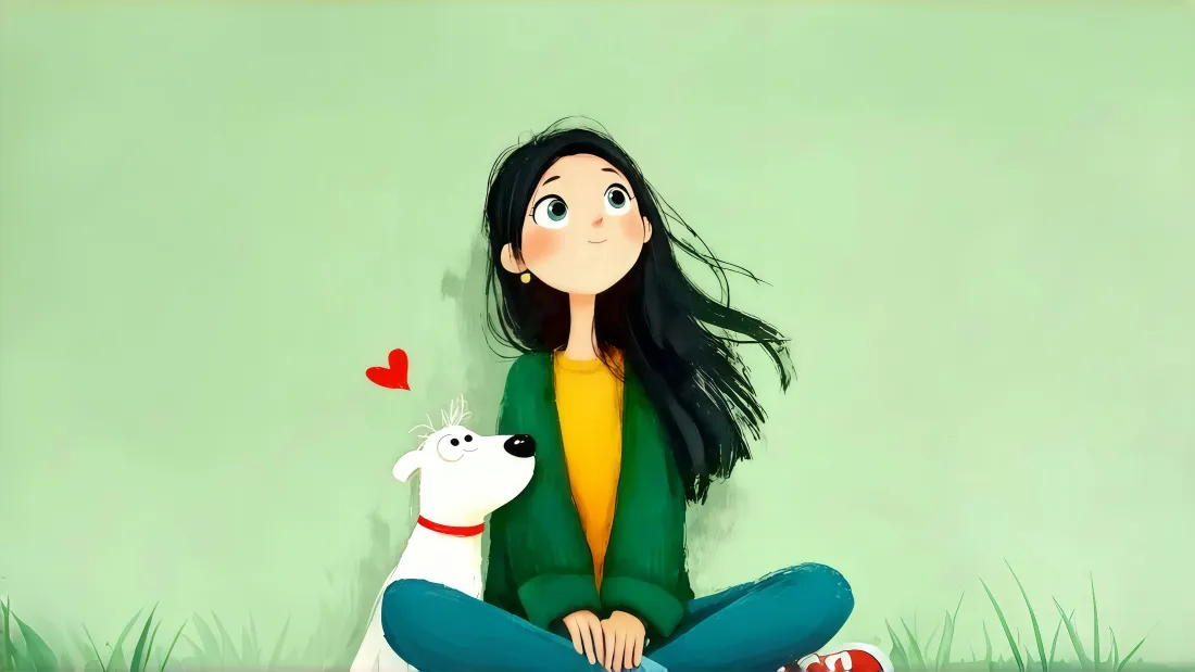 4k黑长发女孩壁纸｜治愈插画背景图片 - 白色小狗「哲风壁纸」