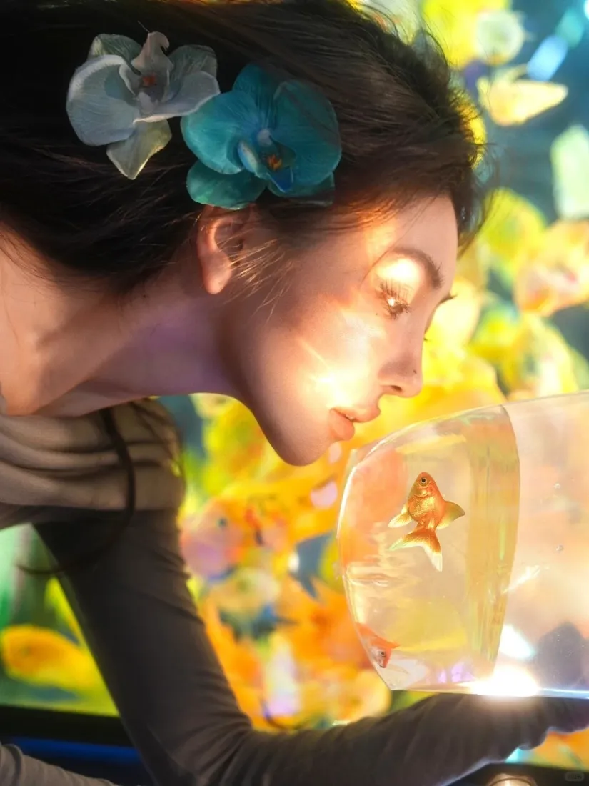 花朵头饰手机壁纸｜金鱼泡泡背景图片 - 光影「哲风壁纸」
