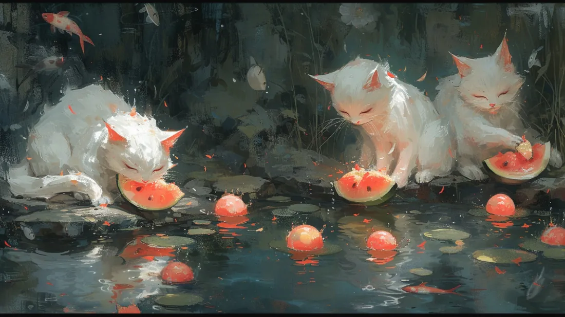 2k白色猫咪壁纸｜西瓜背景图片 - 水面倒影「哲风壁纸」
