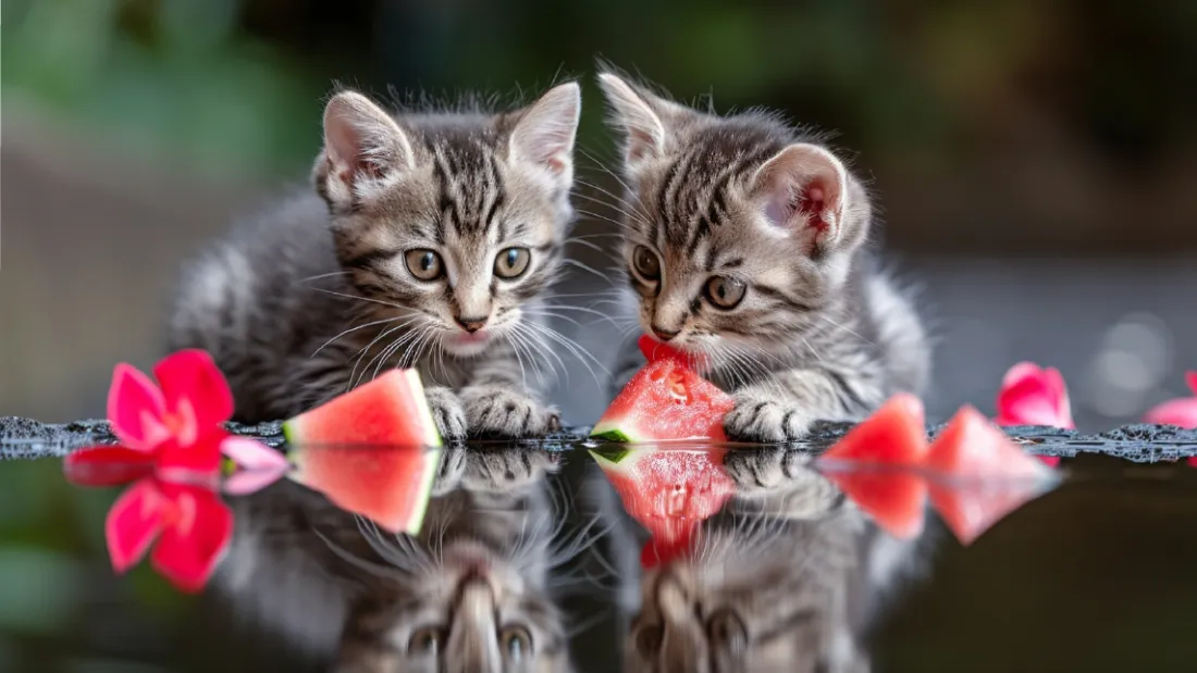 2k小猫咪壁纸｜西瓜背景图片 - 红色花瓣「哲风壁纸」