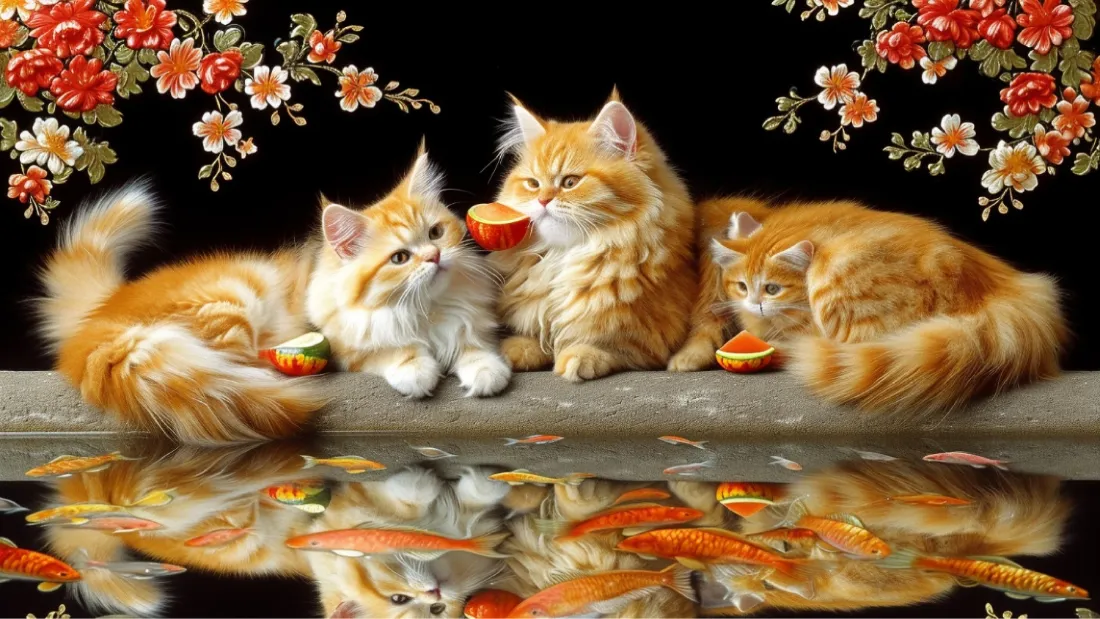 2k橘猫壁纸｜红色花卉背景图片 - 锦鲤「哲风壁纸」