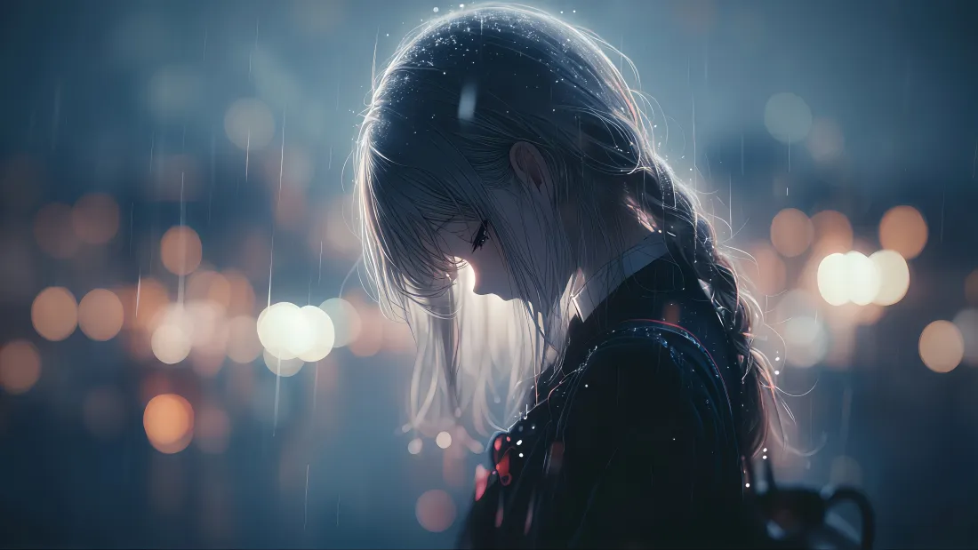 5kJK雨中少女壁纸｜悲伤背影背景图片 - 夜景「哲风壁纸」