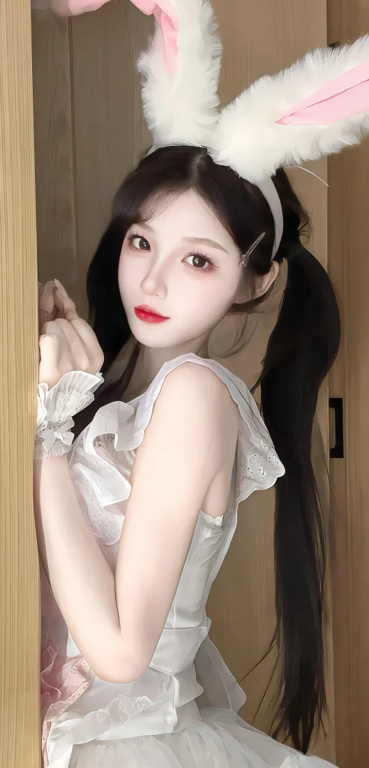 兔子耳朵美女手机壁纸｜纯欲背景图片 - 白色连衣裙「哲风壁纸」