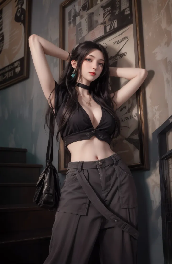 黑色吊带手机壁纸｜工装裤背景 - 抱头女性「哲风壁纸」