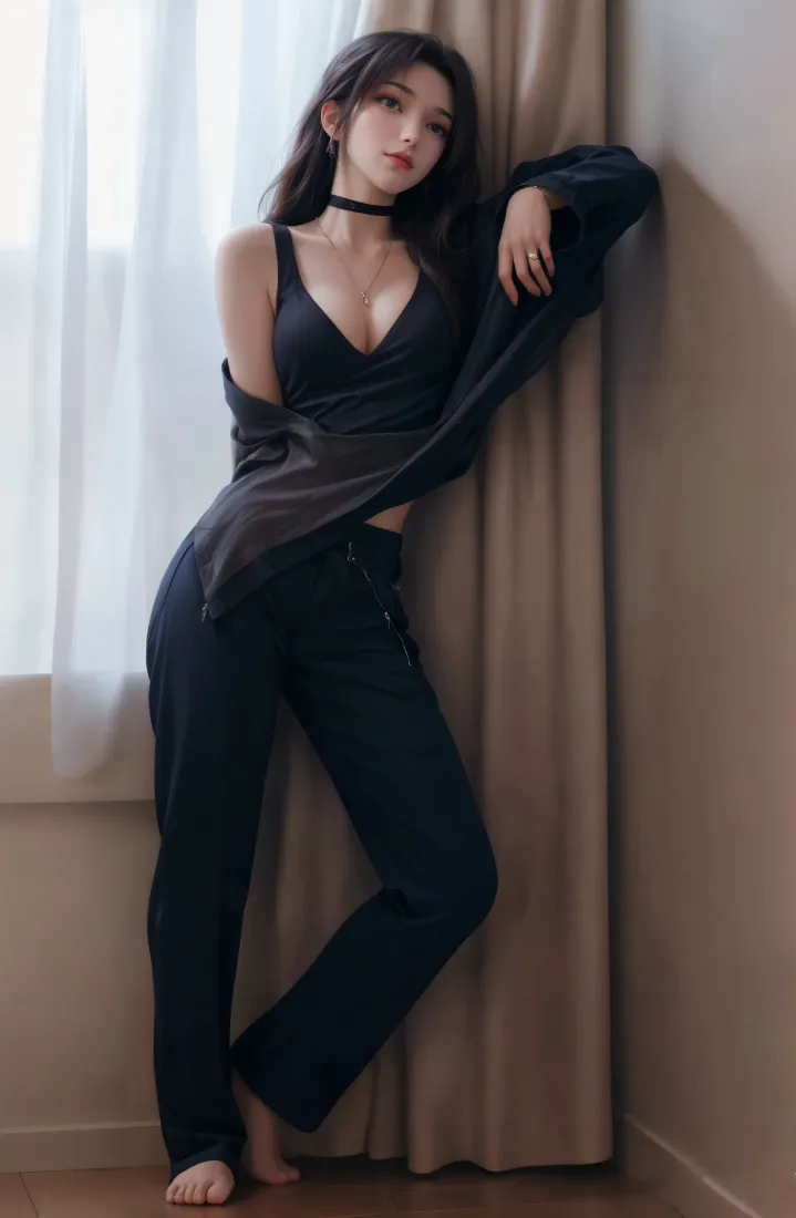 黑衣女性手机壁纸｜靠墙站立背景图片 - 室内「哲风壁纸」