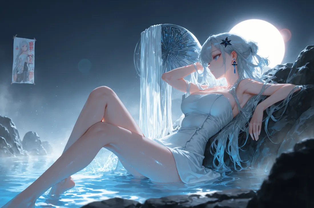 3k白发美女壁纸｜月亮瀑布背景图片 - 动漫「哲风壁纸」