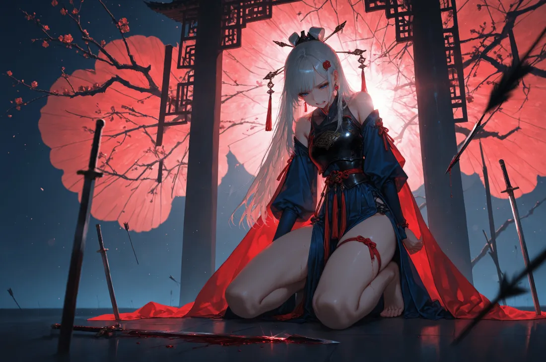 3k红衣女侠壁纸｜樱花牌坊背景图片 - 武侠风「哲风壁纸」