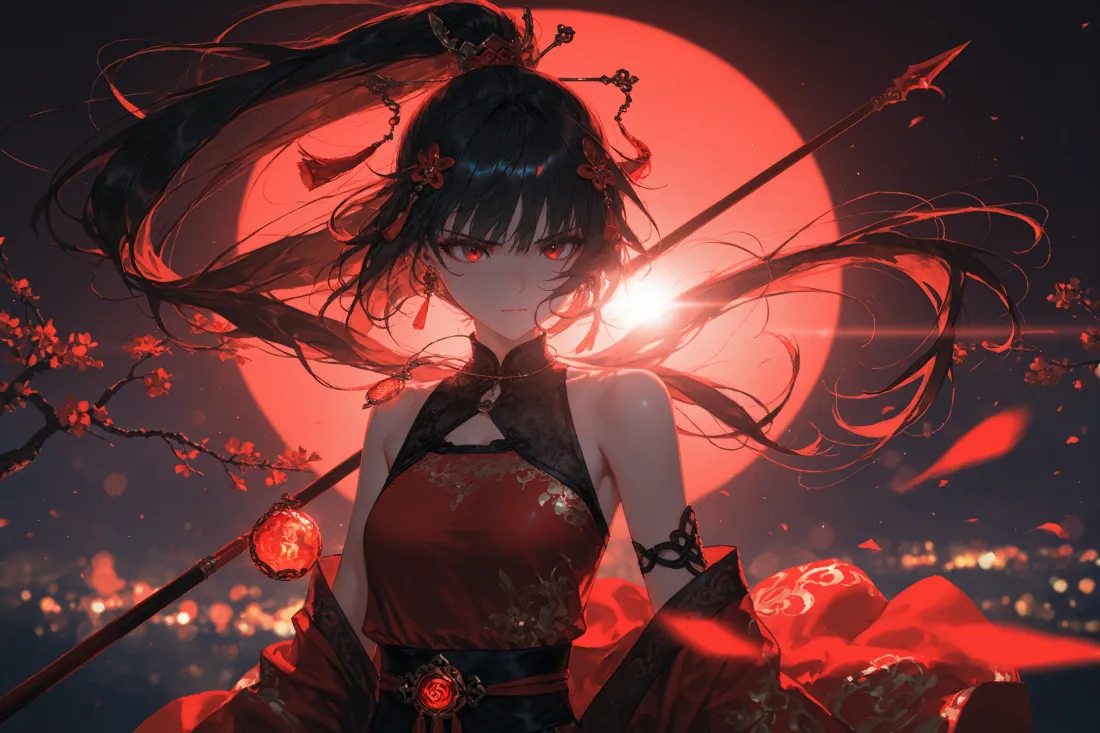 3k红衣女侠壁纸｜满月樱花背景图片 - 古风「哲风壁纸」