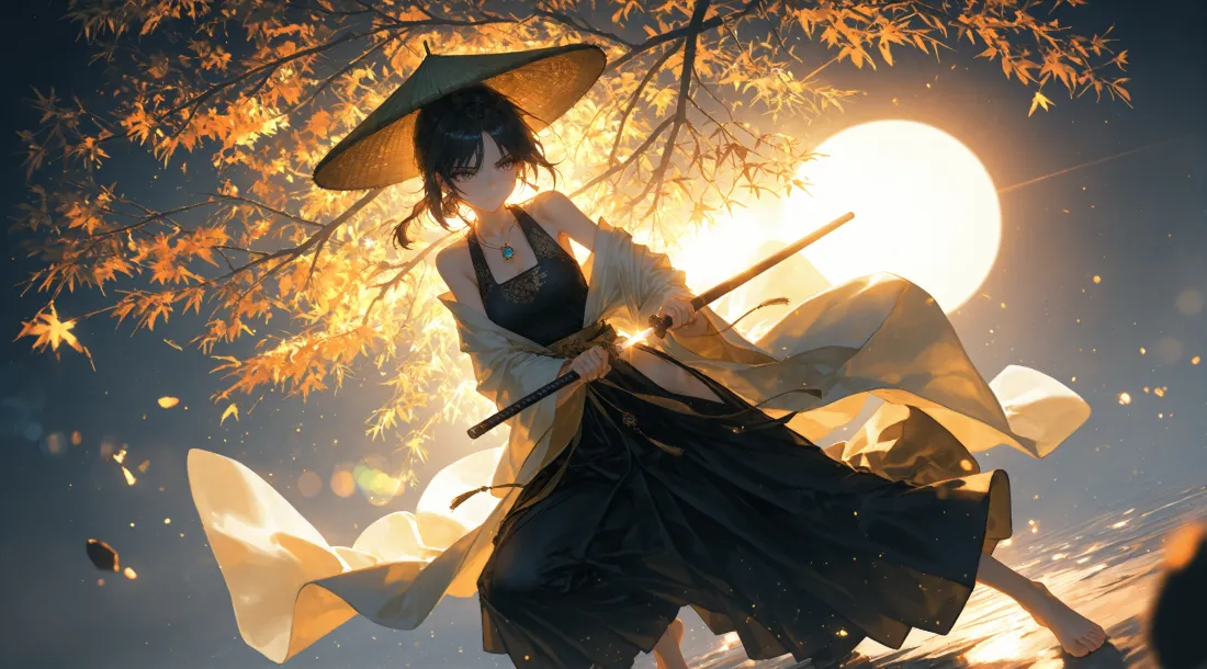 3k古风女侠壁纸｜枫叶背景图片 - 月下「哲风壁纸」