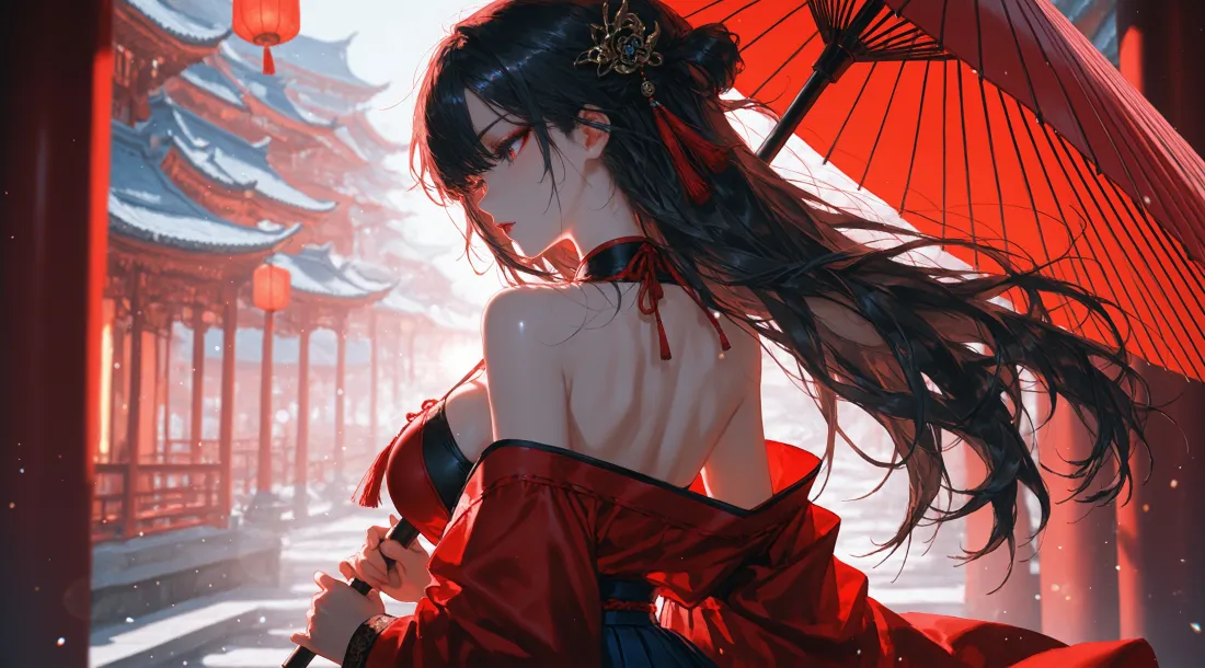 3k红衣女侠壁纸｜古风建筑背景图片 -仙侠风「哲风壁纸」