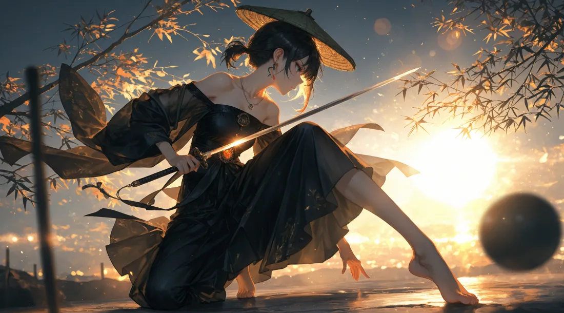 3k古风女侠壁纸｜夕阳背景图片 - 黑衣斗笠「哲风壁纸」
