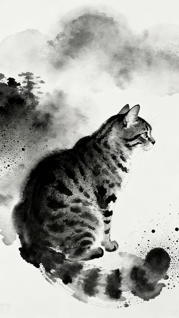 水墨猫咪手机壁纸｜中国风背景图片 - 写意萌宠「哲风壁纸」