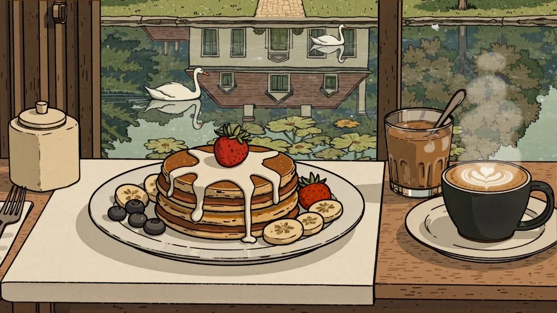 2k美食早餐壁纸｜手绘窗外风景 - 暖色调漫画风「哲风壁纸」