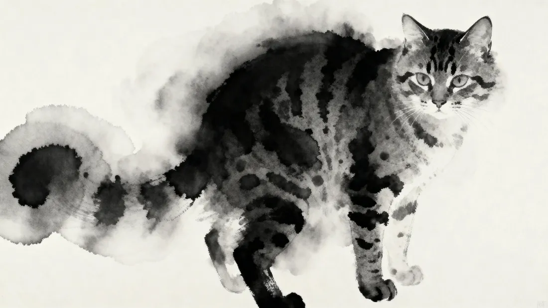 4k水墨猫咪壁纸｜艺术萌宠背景 - 黑白咪咪「哲风壁纸」