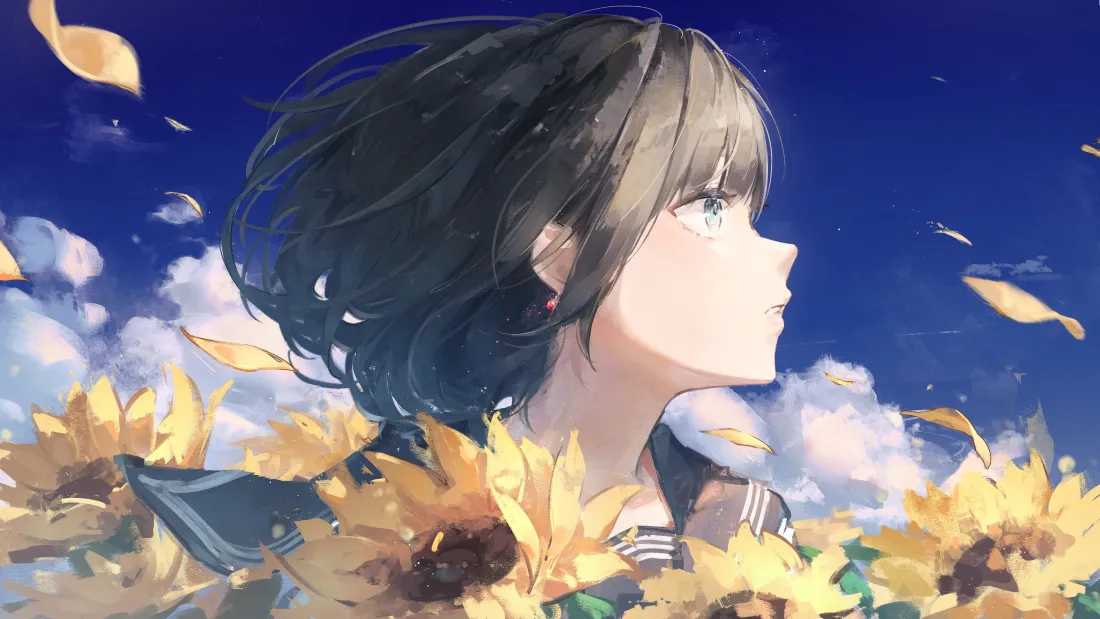 4k向日葵少女壁纸｜蓝天背景 - 二次元「哲风壁纸」