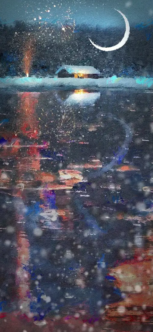 月夜雪景小屋手绘手机壁纸｜插画 - 梦幻倒影「哲风壁纸」