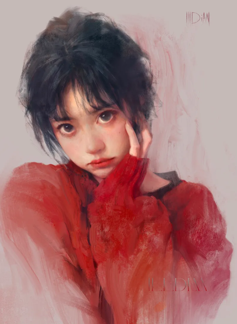 手绘红衣女孩手机壁纸｜艺术插画 - 短发少女「哲风壁纸」