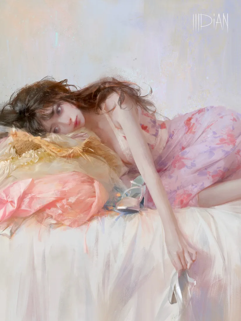 徐尤点手机壁纸｜粉色睡床 - 慵懒美女「哲风壁纸」
