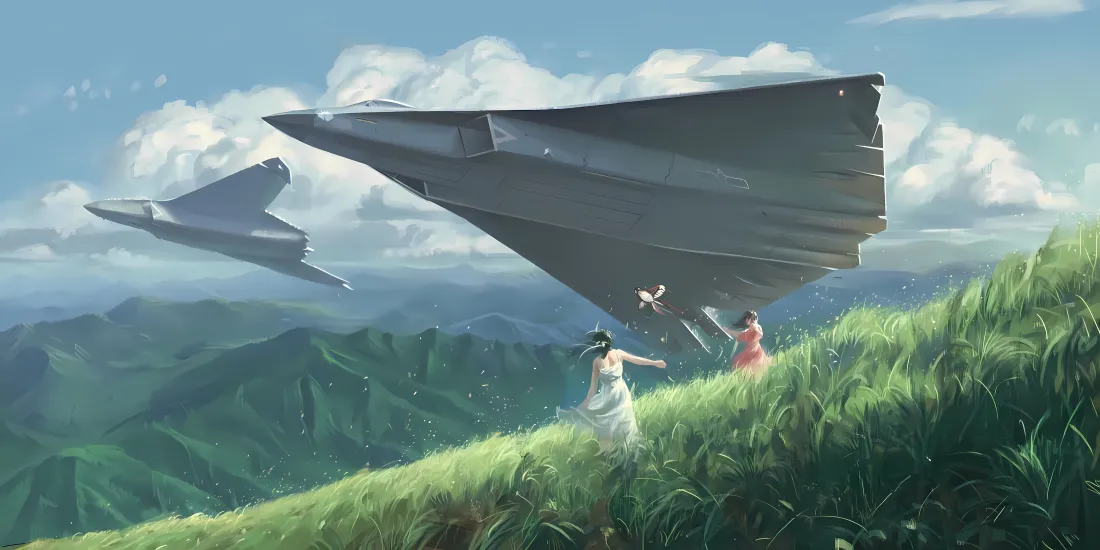 4k六代机草地女孩玩耍壁纸｜风吹草地背景 - 战机山脉「哲风壁纸」